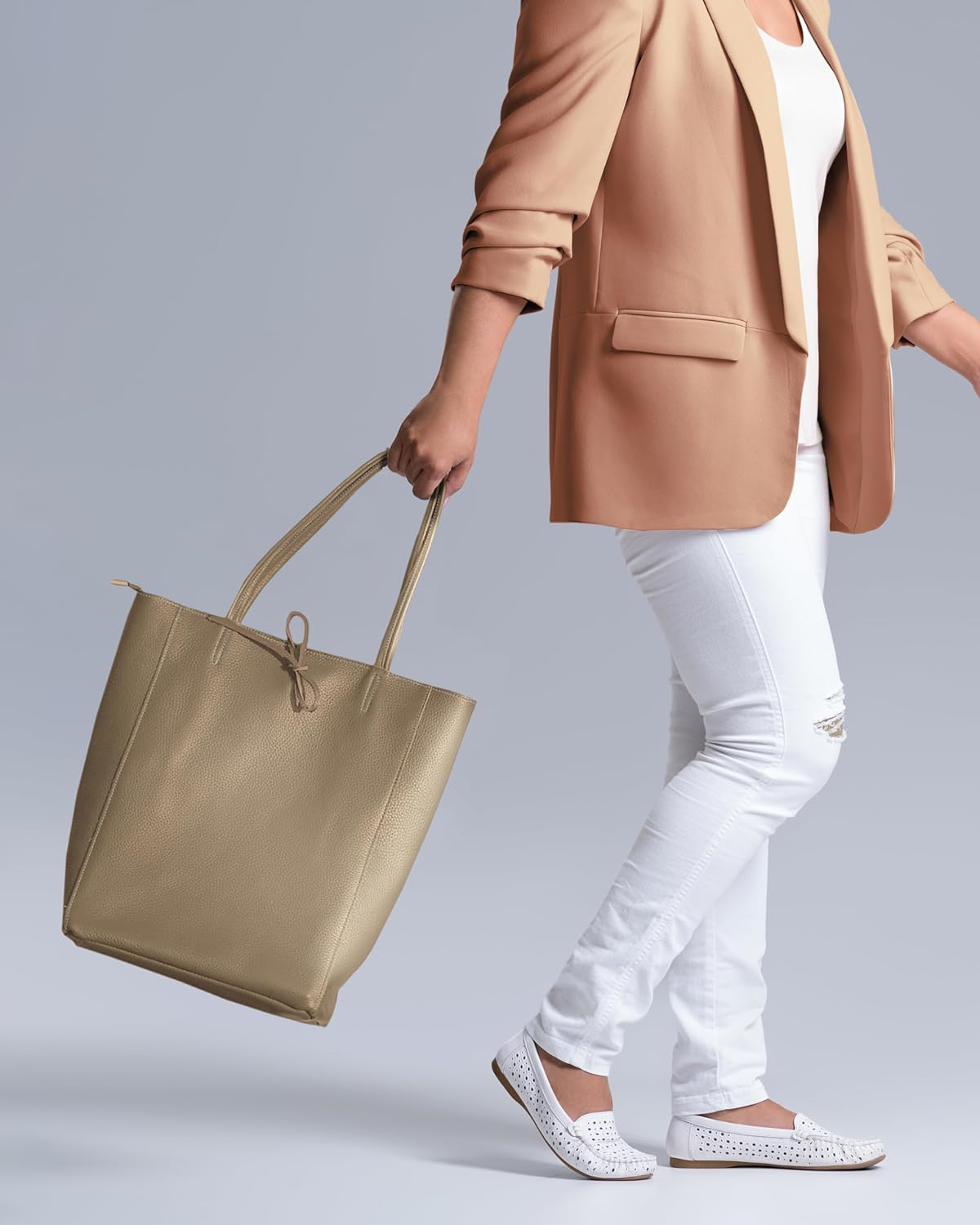 TAKEASY Women's Genuine Leather Italian Tote Bag with Zipper Large