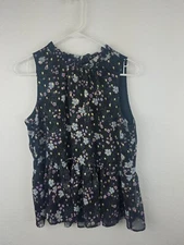 Loft Top Womens SZS Black Floral Sleeveless Peplum Ruffle Neck Casual Summery A5