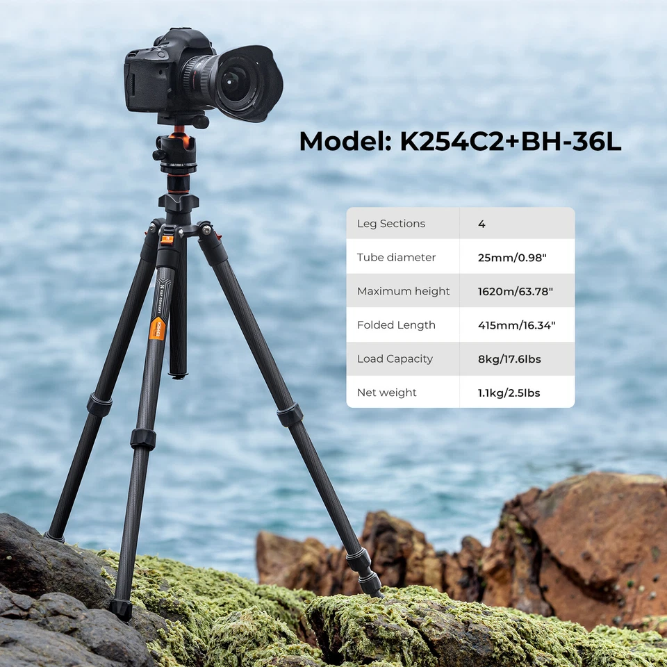 K&F Concept 64" Carbon Fiber Camera Tripod Lightweight 36mm Ball Head 8kg Load - Image 2 of 4