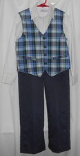 Boys 7 3 piece navy pants, white long sleeve button shirt, plaid cotton vest