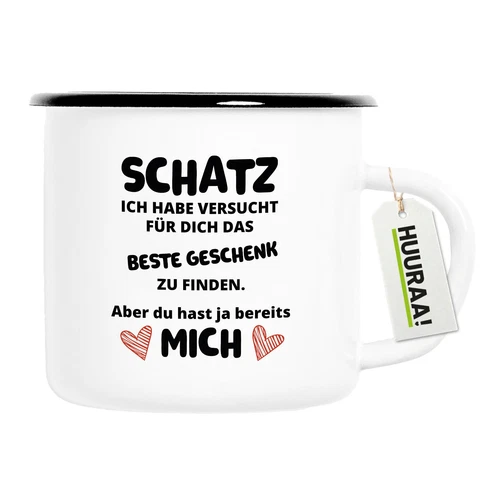 Emaille Tasse Schatz versucht das beste Geschenk zu finden. Vintage Geschenkidee