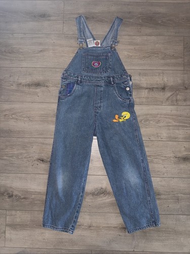 Looney Tunes Youth Vintage 1997 90s Blue Denim Bibs Overalls Tweety Bird 10/12