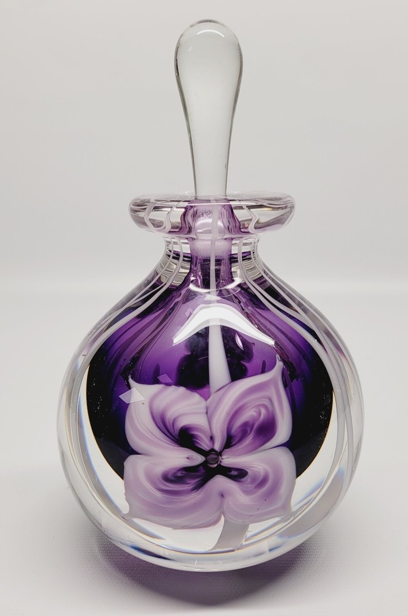 Purple Flower Art Glass Perfume Bottle W/Stopper Mint Signed