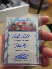  2022 LEAF TRINITY Blue TRIPLE AUT0 CORBIN CARROLL DRUW JONES JORDAN LAWLAR 3/15