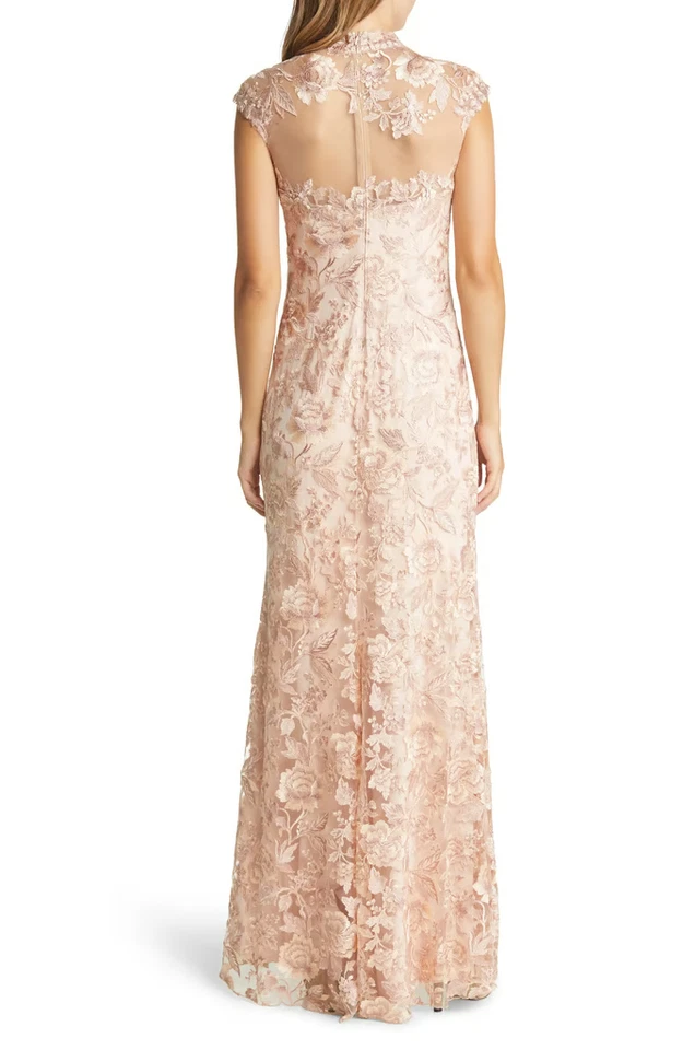 Vestido TADASHI SHOJI Flor de Melocotón Bordado Encaje Cuello Simulado Ilusión Transparente 6 EE. UU. Foto 2 de 4