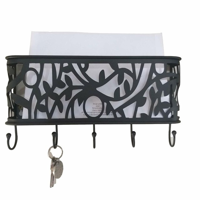 Wall Mounted Metal Letter Rack Key Holder Mail Organiser With Key Hook Black