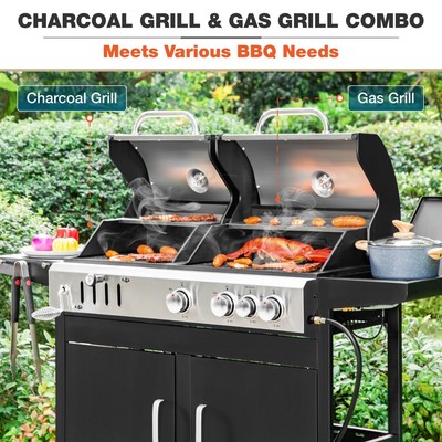 Gas and Charcoal Combo Grill 37,000 BTU Dual Fuel BBQ Grill with Side Burner
