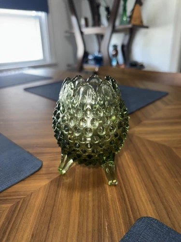 Vintage Fenton Glass 3 Footed Hobnail Egg Vase MCM Green MINT