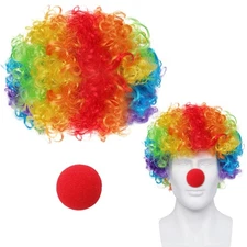 Clown Costume Set with Rainbow Wig Red Nose Accessories for Adults Parties