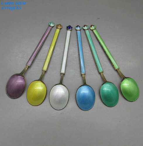 VINTAGE SET 6 MASSIVE SILBER & GUILLOCHIERTE EMAILLIERTE KAFFEELÖFFEL, D.A NORWEGEN um 1960