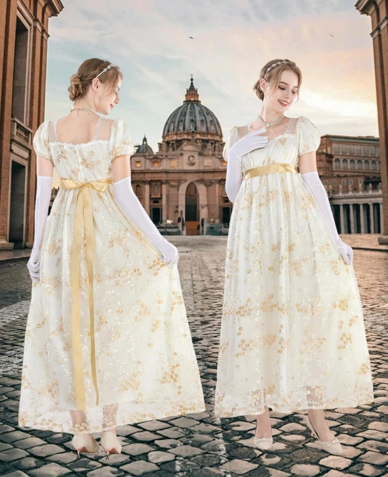 NSPSTT Vestidos Regencia Dorados para Mujer 1800 Vestido Vintage Victoriano Baile Go... Foto 3 de 4