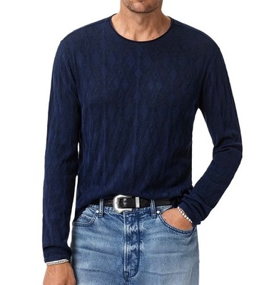 John Varvatos Collection Men's Brycen Broken Argyle Texture LS Crew Sweater Navy