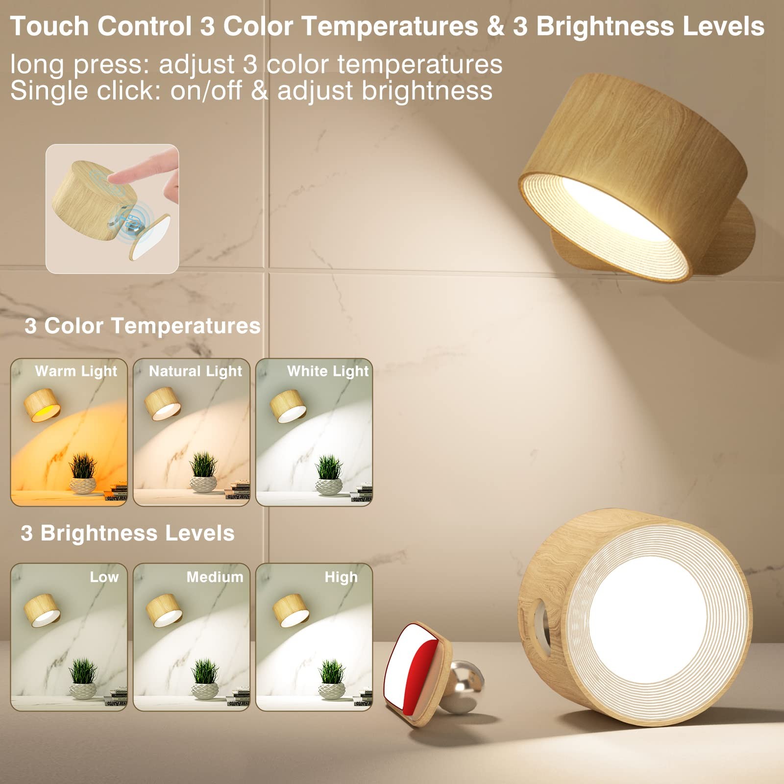 LED Sconces, Wall Mounted Lamps with Rechargeable Battery Operated USB Port 3...