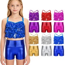 US Girls Jazz Dance Outfit Glittery Sequins Tiered Crop Top with Metallic Shorts