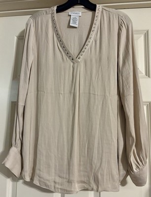 Carmen Scandi Minimal Studded V Neck Blouson Cuffed Long Sleeve Silky Top Size M