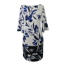 Vince Camuto 6 White & Blue Floral 3/4 Ruffle Sleeve Lined Sheath Dress Cascra