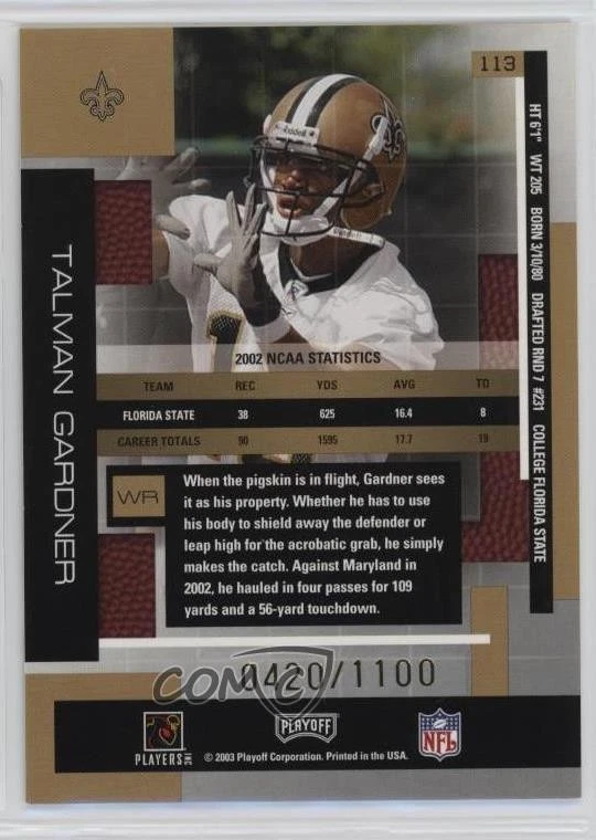 2003 Playoff Absolute Memorabilia Rookie /1100 Talman Gardner #113 Rookie RC - Image 2 of 2