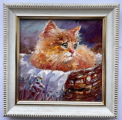 Original Oil Painting Ginger Cat Impasto Small Wall Art 4x4in Signed OS