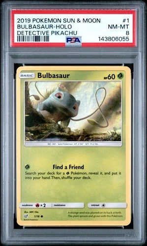 2019 POKEMON SUN & MOON DETECTIVE PIKACHU #1 BULBASAUR-HOLO PSA 8