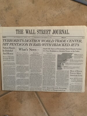 Wall Street Journal Newspaper 9-12-2001 From 9/11 ''U.S. Attacked'' Mint Lot of 2
