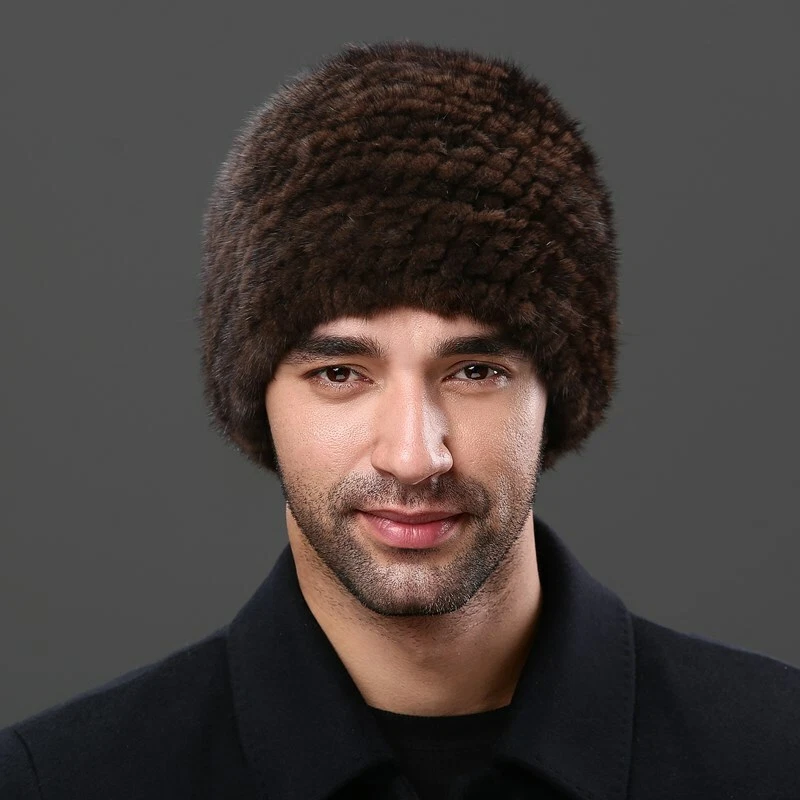 Мужская реальный норковая шляпа теплый вязаный Beanies эластичной лыж крышка среднего возраста человек - Изображение 3 из 4