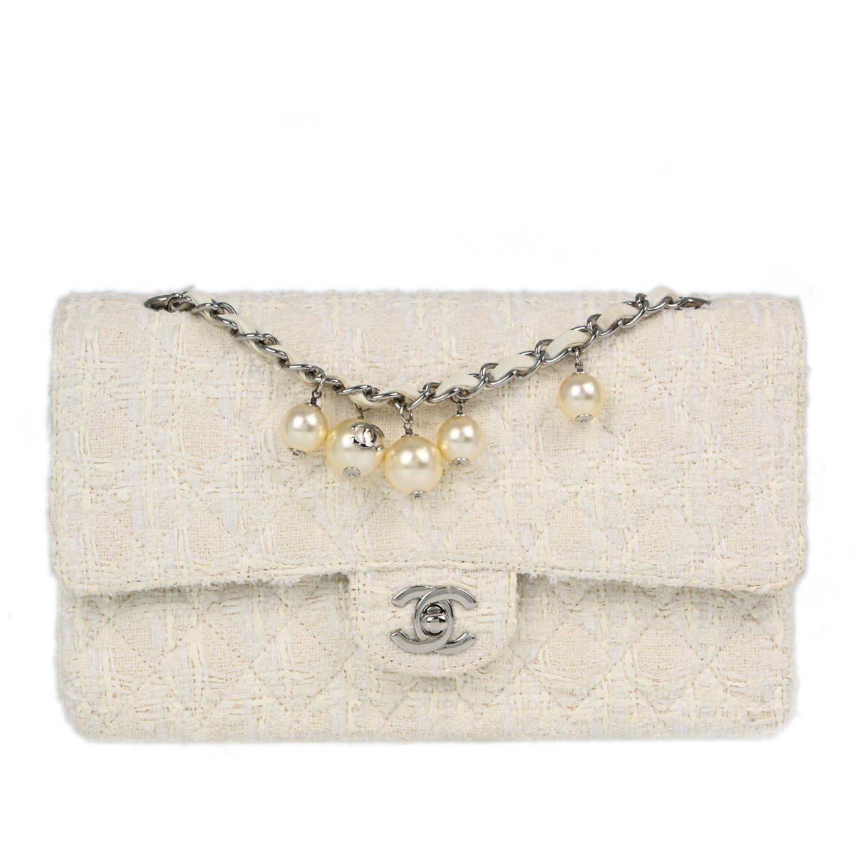 【ヴィンテージ】Rank:S☆Chanel White モノクロ Tweed Flap bag Chanel White Tweed Medium Classic Double Flap Shoulder Bag