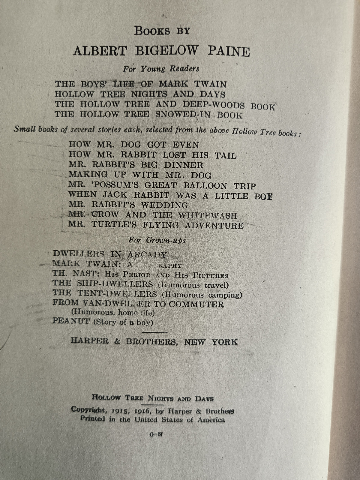 HTF_HollowTree Nights & Days_Albert Bigelow Paine_1st Edition_1916_Good Condn
