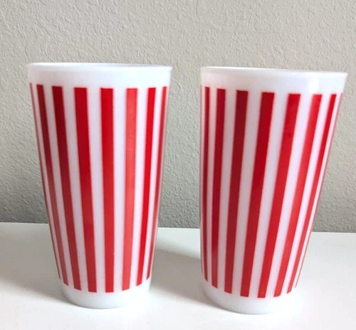 Red white striped glasses Hazel Atlas milk glass candy stripe tumbler set 2