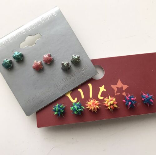 Flirty 2000’s GLITTER Flower STUDS & Bright Colorful SQUIGGLY Ball EARRINGS NWT - Afbeelding 1 van 7