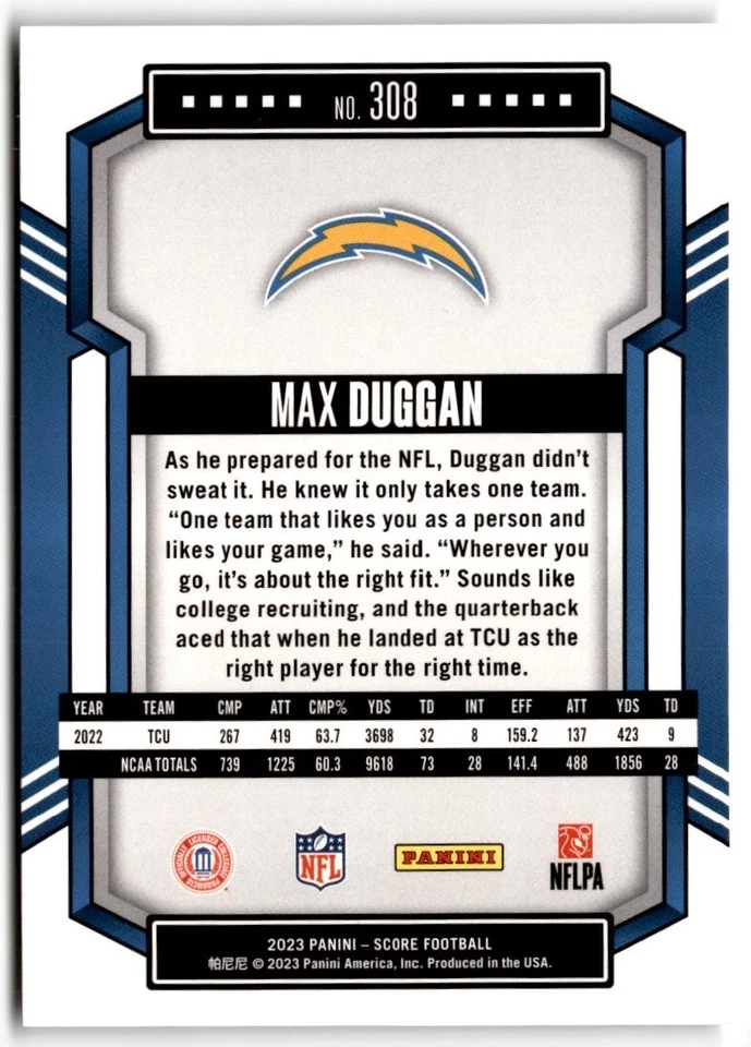 2023 Score Max Duggan Rookie #308 Los Angeles Chargers - Image 2 of 2