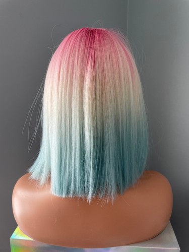 Short Pink Blue Ombre Rainbow Bob Wig with Bangs, 12 Inch Costume Cosplay Wig - Picture 4 of 8