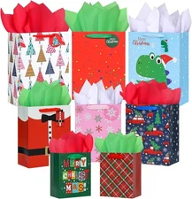 8 Pack Christmas Gift Bags Assorted Sizes with Tissue Paper