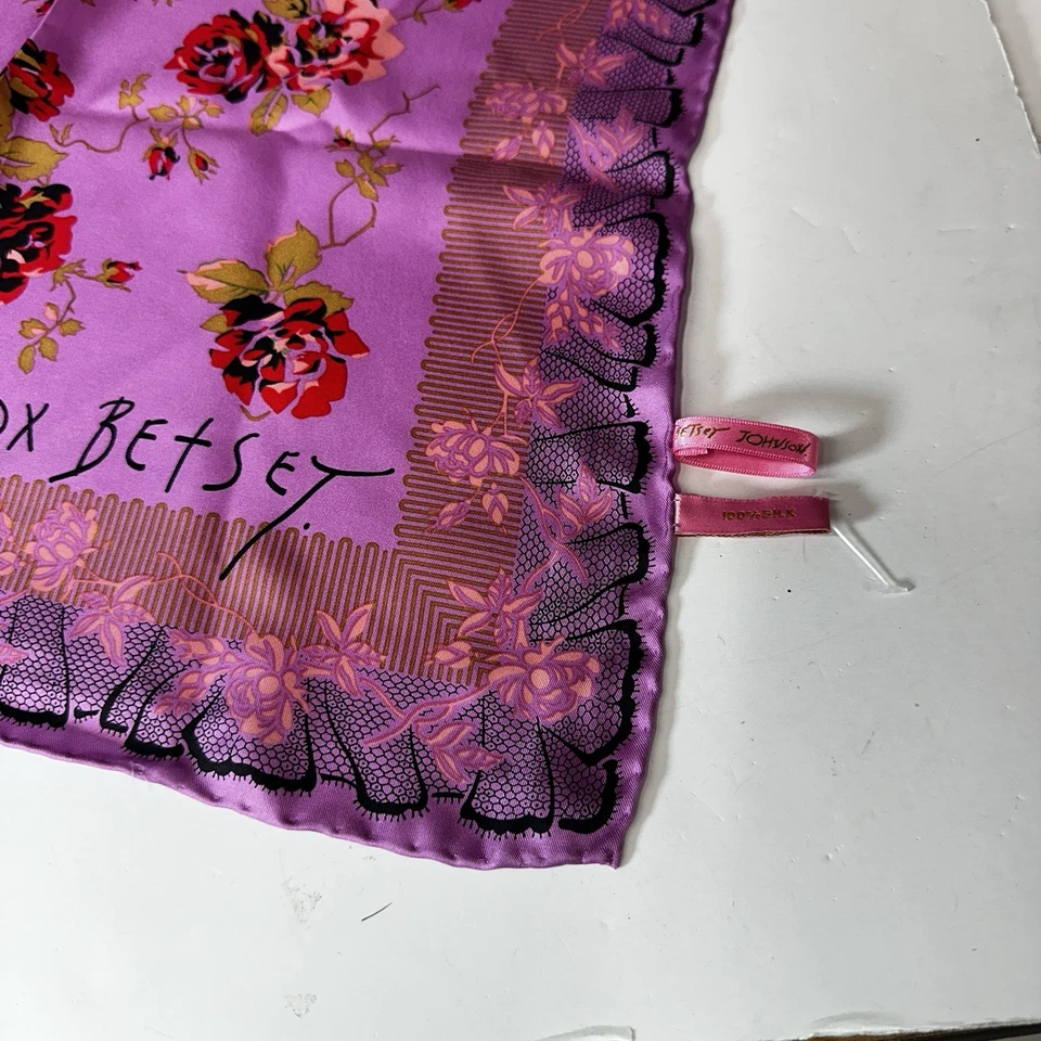 Betsey Johnson Scarf Silk Square Flower Purple Red Rose 34 Inches - Image 3 of 4