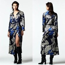 Zara Women's Floral Satin Wrap Maxi Dress Navy Blue Beige Long Sleeve Size L