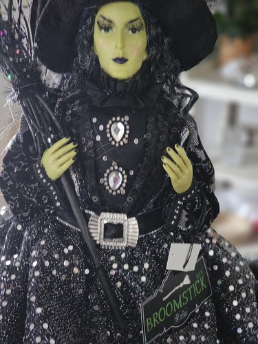 Halloween Witch Broomstick Black Dress Sequins Shelf Sitter Figurine 25” - Picture 18 of 21