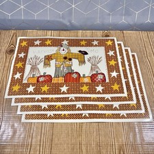 4 Vintage Fall Vinyl Placemat Star Scarecrow Pumpkin Autumn Harvest Time NOS