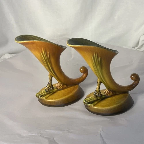 Vintage Pare Of Roseville Pinecone Pottery 126-6 Cornucopia Vase.