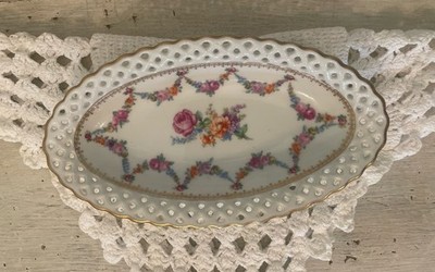Schumann Bavaria Reticulated Rim Porcelain Oval Relish Dish 8  Vtg 1930 s EUC