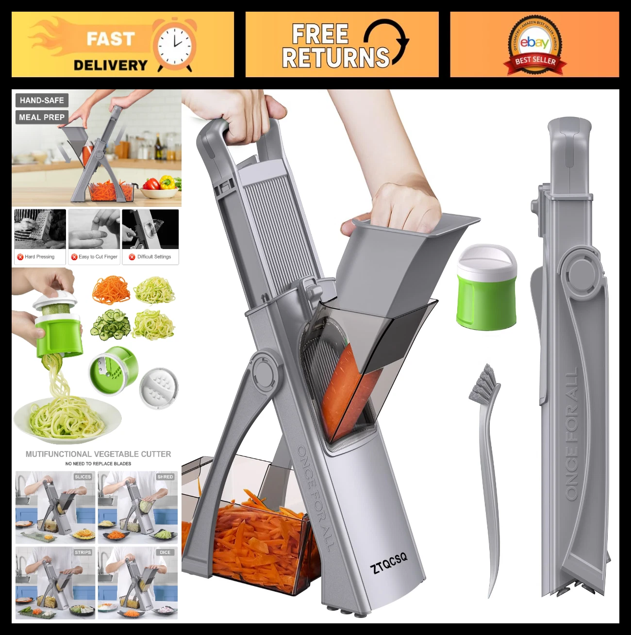 Upgraded Mandoline Slicer & Spiralizer - Adjustable Thickness, Detachable Blades