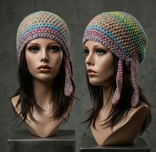 crochet handmade womans  biker skull hat chemo vintage tweed stripes new