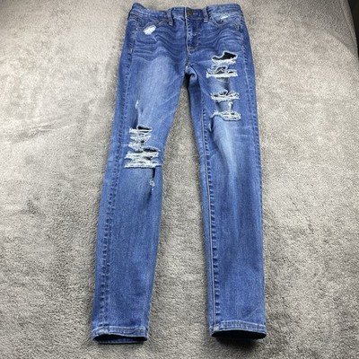 American Eagle Super Stretch X Jegging Womens 4R Blue Mid Rise Distressed