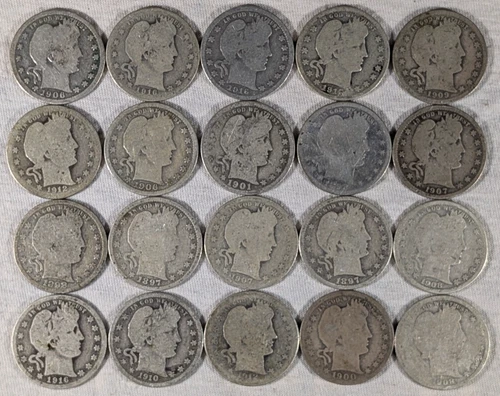 LOT OF 20 BARBER QUARTERS 90% SILVER COINS $5 FACE VALUE #60