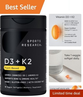 5000 IU  Vitamin D3 plus 100 mcg K2 in 30 Softgels for Immune & Bone Health
