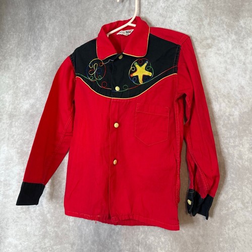 Vintage 70’s Tom Thumb Western Embroidered Button Up Kids Size 8 Red Sheriff - Picture 2 of 7