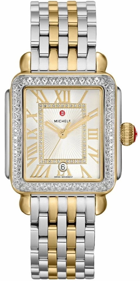 NEW Michele Deco Madison Diamond Dial MWW06T000144 Ladies 33mm Two-Tone Watch
