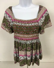 So Good For Life Womens Top Size S Green Blue Pink Square Neckline Short Sleeves