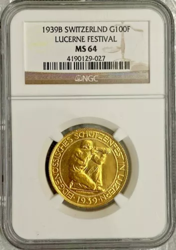1939 B Switzerland 100 Francs Lucerne Festival Gold Coin NGC MS 64