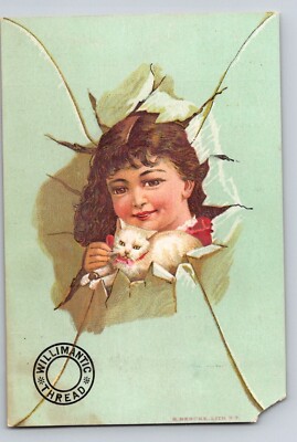 Victorian Trade Card Willimantic Little Girl Cat Sewing Thread 3'' x 4''