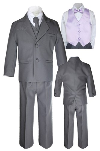 7PC Kid Teen Formal Wedding Tuxedo Boy Dark Gray Suit Extra Vest Bow Tie sz 4-20 - Picture 16 of 27