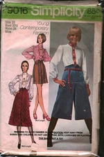 9016 Simplicity Sewing Pattern Misses Midi Pantskirt Blouse Hippie Young Fashion